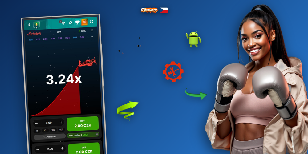 Široký banner Aviatoru s červeným letadlem nad panelem statistik a logem Golisimo Casino