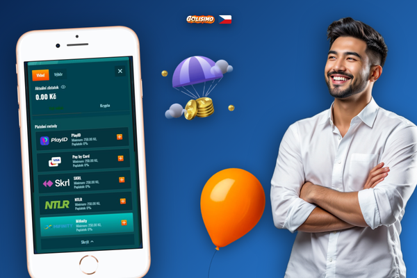 Výběr měny CZK, EUR nebo BTC při vkladu v Golisimo Casino – UI pokladny